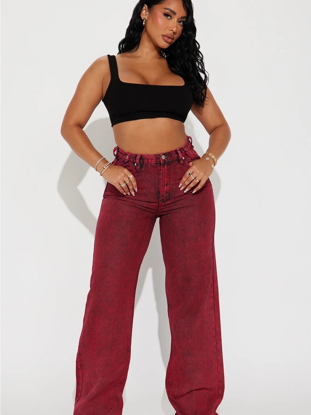 Fashion Nova High Rise Wide Leg Jeans in Burgundy